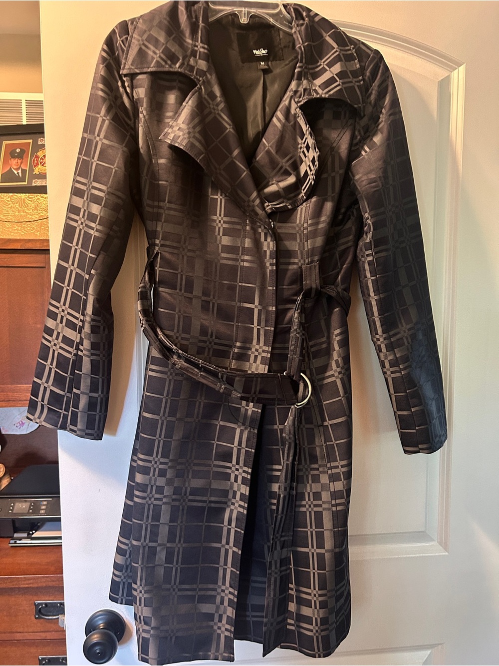 Mossimo Supply Co. Black Plaid Trench Coat with Belt